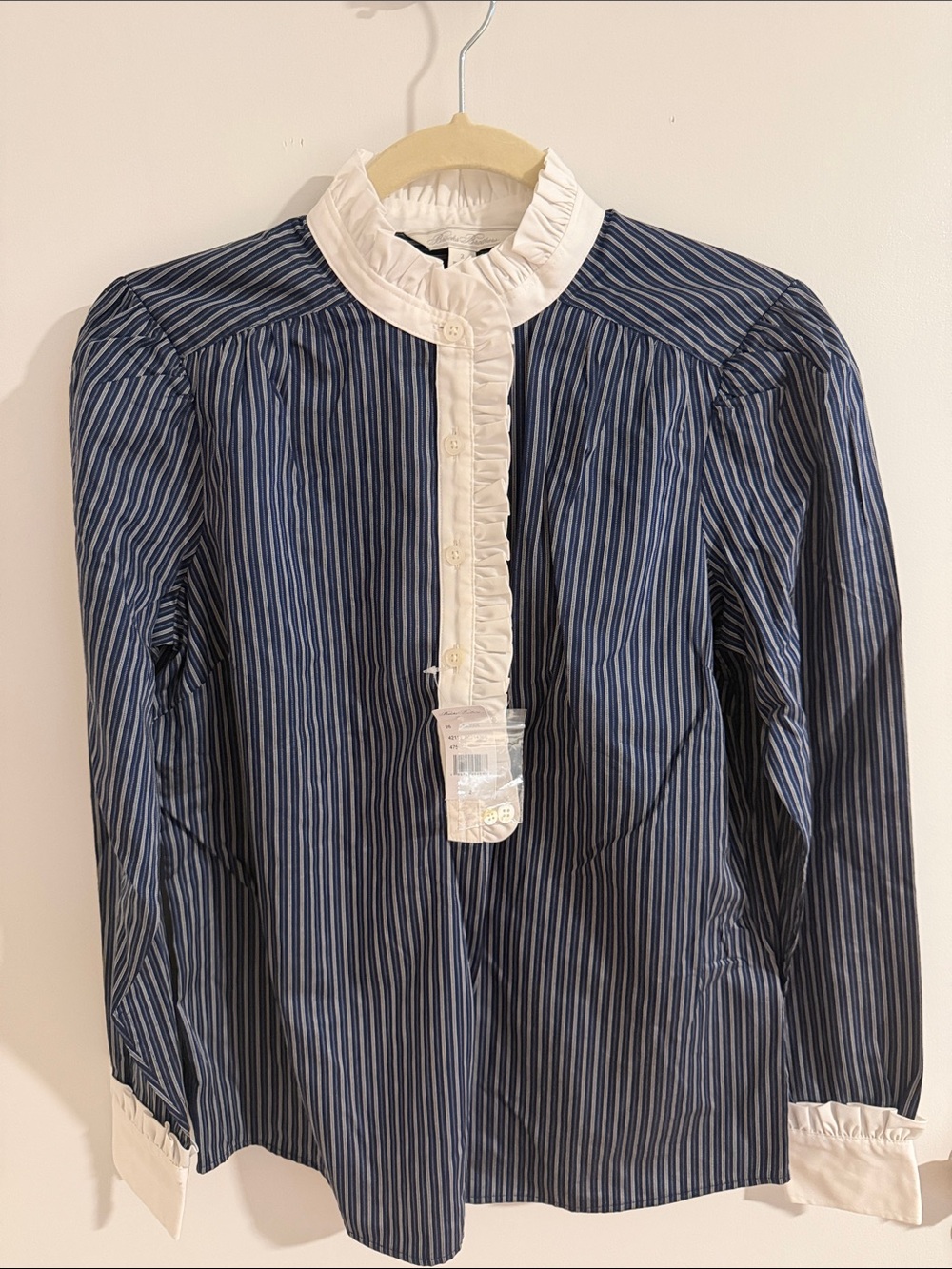 Brooks Brothers Women’s Navy Striped Ruffle-Trim Blouse
